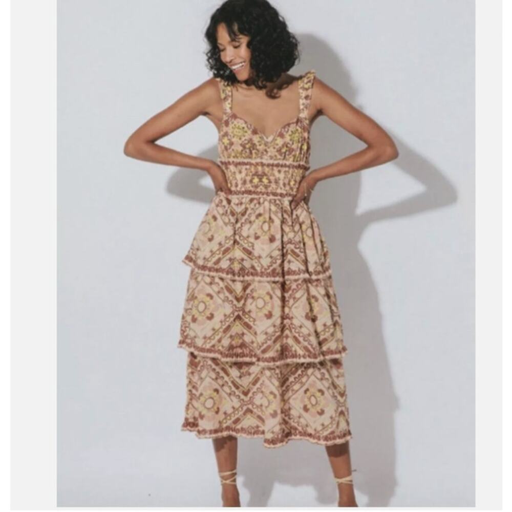 Cleobella Womens Stella Midi Dress Geo Print Neutral Ruffle Size L